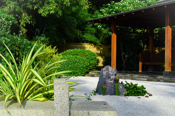 这张照片捕捉了传统日本石庭的宁静氛围。图片下载