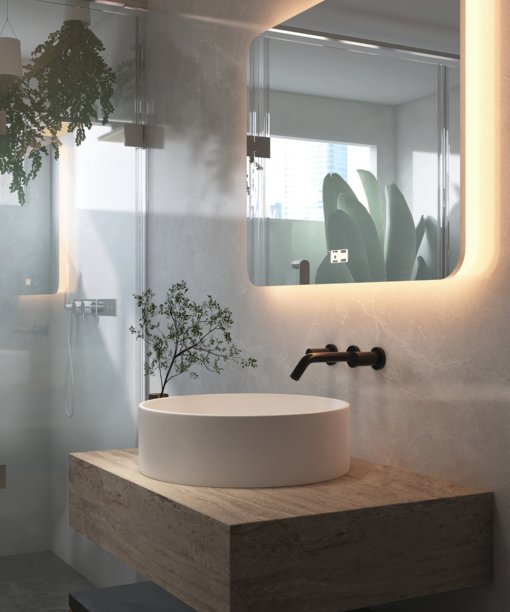 白色圆形陶瓷洗手盆，黑色水龙头，带LED灯的镜子，位于大理石台面的豪华浴室柜台，适合美容、化妆品、护肤和洗漱用品的背景3D图像图片下载