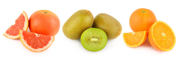 多汁的猕猴桃、橙子和葡萄柚，孤立在白色背景上。留有空白区域供文字使用。拼贴画。宽幅照片。图片下载