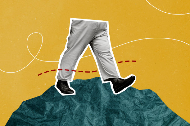 男性腿部的拼贴照片，走在山崖小径上，穿着新鞋，黑色星期五购物旅行，背景为涂鸦风格。图片下载