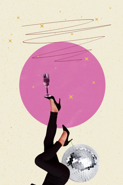 无忧无虑的女士手持香槟杯的创意3D照片艺术图形拼贴画，背景为素描风格。图片下载
