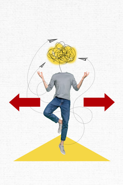无头男子保持平衡，思考解决难题，选择方向移动的3D照片拼贴艺术作品。图片下载