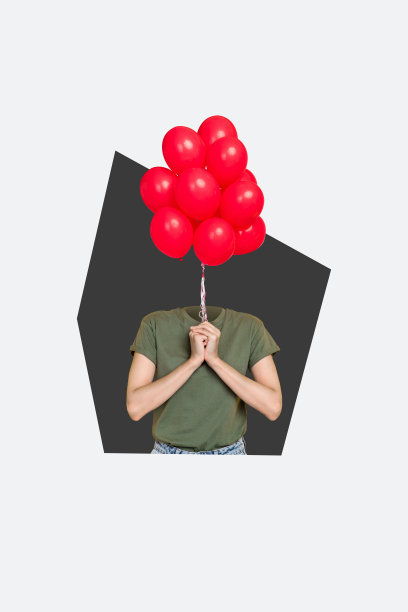 垂直图片拼贴，无头人物与气球派对庆祝节日，身体碎片绘画背景图片下载