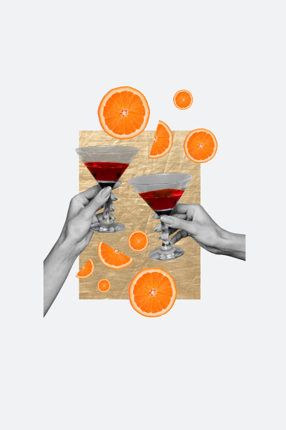 垂直照片拼贴，手举酒杯庆祝，酒精饮料，葡萄酒，共同祝酒，活动，星期五，橙色饮品，背景为涂鸦风格。图片下载