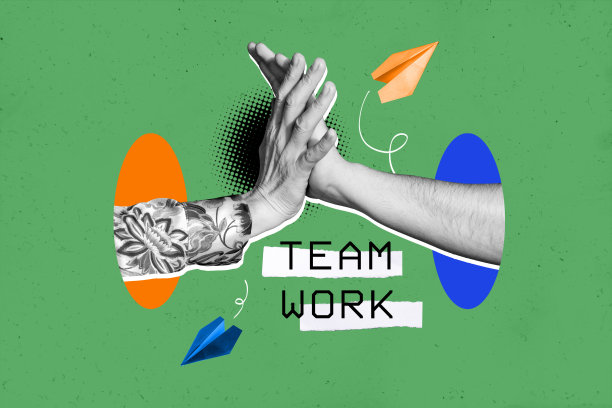 两位商务人士在涂鸦背景下成功达成交易，互相击掌庆祝团队合作与伙伴关系的合成照片拼贴。图片下载