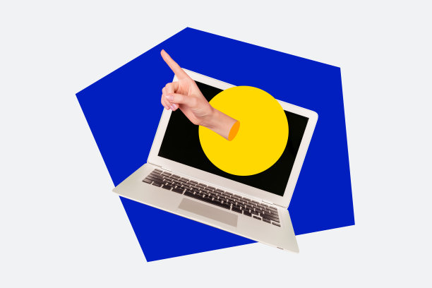 广告的MacBook设备创新复合照片拼贴，手指直接指向屏幕，背景为涂鸦风格。图片下载