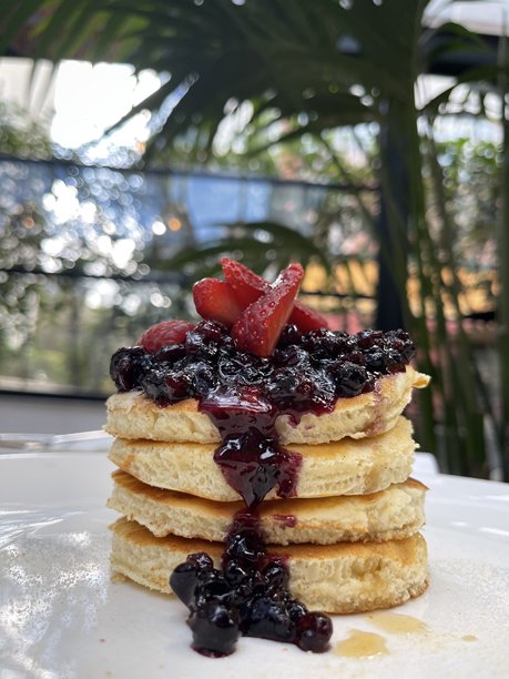 美味的煎饼配浆果、蜂蜜或枫糖浆，放在白色盘子上，背景干净。高质量照片图片下载