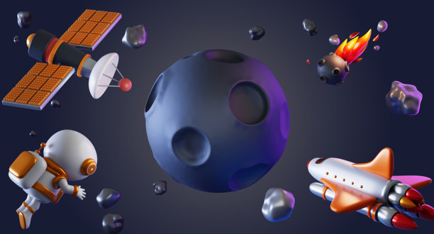 外太空中的3D银河背景，包含宇宙飞船、宇航员、卫星和流星。外星行星或月球景观，带有陨石坑和在夜空中飞行的石质小行星，卡通渲染。图片下载
