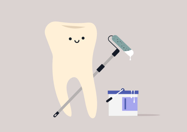 一个友好的牙齿角色作为口腔卫生的代言人，展示着一个牙齿美白套件，旁边有一桶看起来像油漆的美白溶液，表现得活泼可爱。图片下载