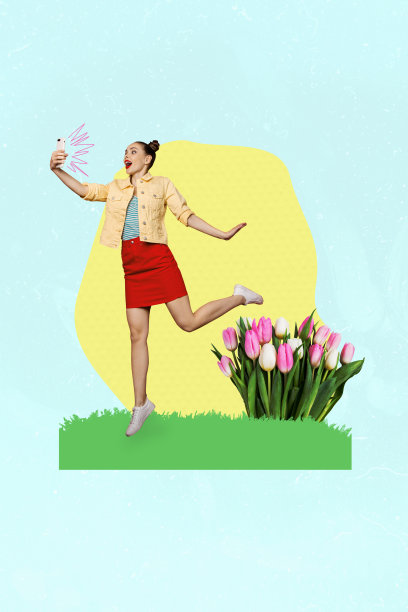 独特的垂直照片拼贴，惊讶的女孩在春天的郁金香花田中自拍。图片下载