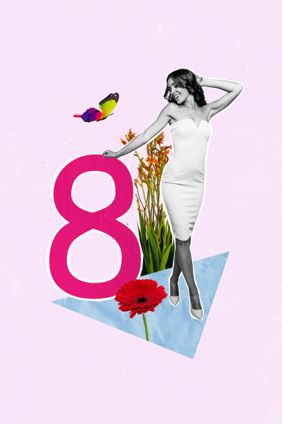 年轻无忧的女士在自然环境中与花朵的垂直照片拼贴，庆祝3月8日春季假日，背景为白色，蝴蝶飞舞。图片下载