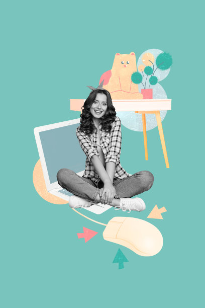 漂亮女孩坐在桌子上，使用MacBook设备，旁边有有线鼠标、猫玩具和植物，背景为涂鸦风格的垂直照片拼贴。图片下载