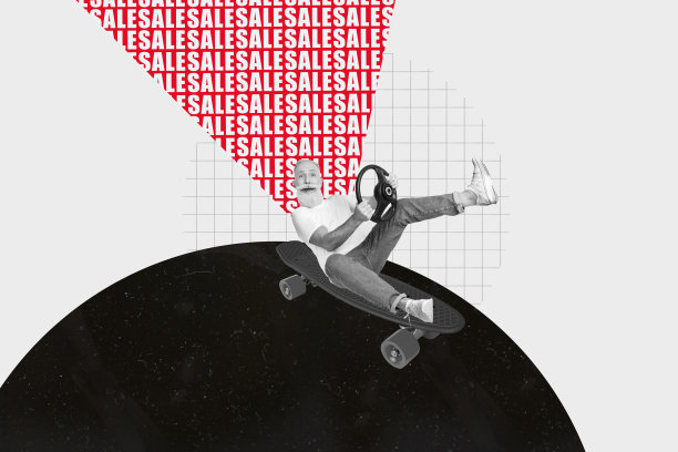 黑白剪影的老年购物狂骑着滑板，手中拿着黑色星期五的折扣百分比标志的拼贴照片。图片下载