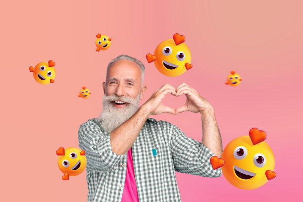 创意照片拼贴，快乐的退休老人，微笑的祖父，展示爱的手势和表情符号。图片下载