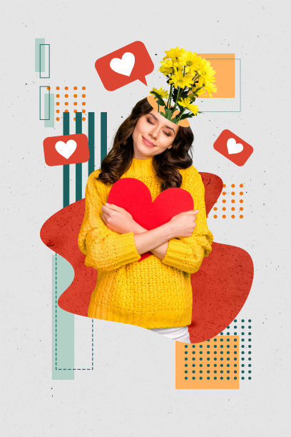 垂直照片拼贴，微笑女孩的头部与菊花花束组成心形，庆祝情人节假日，背景为涂鸦风格。图片下载