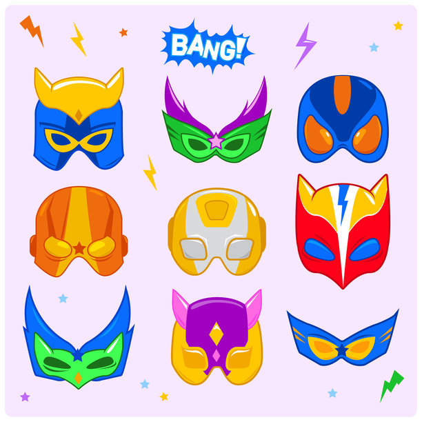 超级英雄面具。漫画套装。卡通有趣的超级英雄头盔照片道具，男女面具，狂欢节英雄面具。矢量插图图片下载