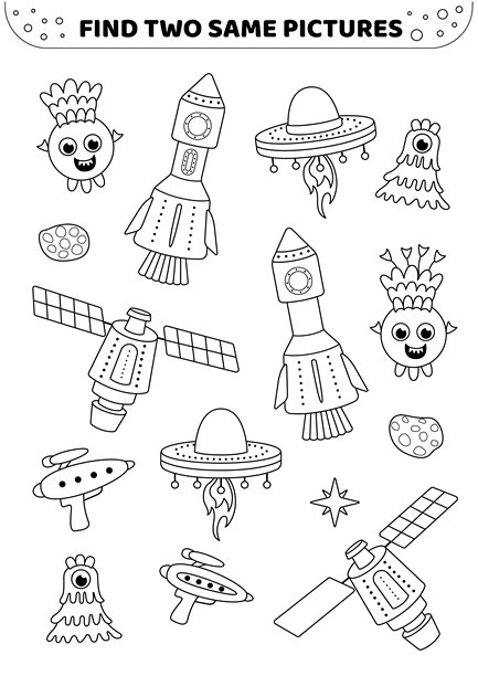 寻找两张相同的图片。飞碟、卫星、UFO。黑白色。儿童游戏。矢量图。图片下载