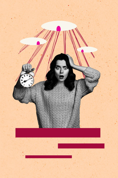 艺术图像，垂直照片拼贴，思考的女孩手持闹钟，注视截止日期，控制员工工作，紧张的全视角。图片下载
