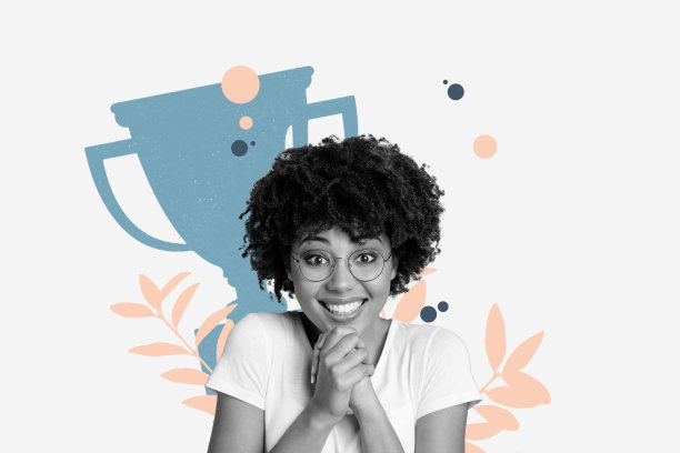 快乐的美国女孩在涂鸦背景下赢得奖杯，作为体育比赛的获奖者，拼贴照片合集图片下载