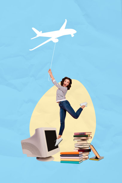 快乐女孩在涂鸦背景下的垂直照片拼贴，飞着线控飞机，享受假期，辞职，电脑显示器和书堆。图片下载