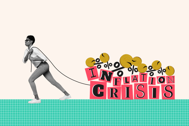 不满的美国女孩手持气球、通货膨胀问题、危机、破裂的硬币的拼贴照片，背景为涂鸦风格。图片下载