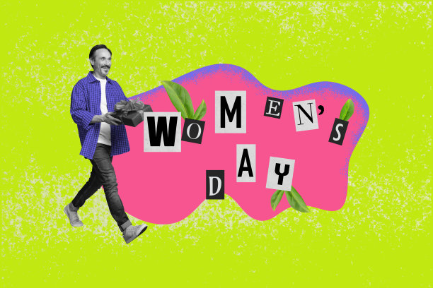 创意拼贴照片：成熟的男士在春季假期中漫步，浪漫的男朋友手提礼盒，庆祝女性节的惊喜。图片下载