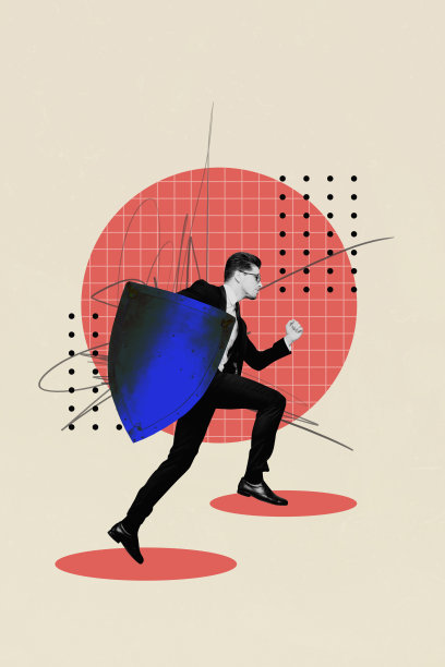 严肃的战士穿着正式西装，手持钢制盾牌，呈现史前时代的中世纪风格的海报图像竖版照片拼贴。图片下载