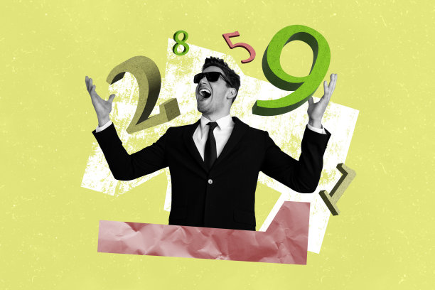快乐兴奋的商人尖叫着赢得彩票，富有的企业家与幸运数字的合成照片拼贴，背景为涂鸦风格。图片下载