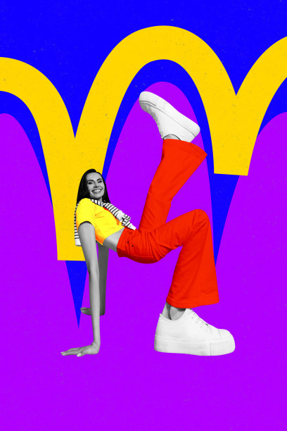 美丽积极的女孩模特在舞台上展示长长的幽默腿，穿着休闲时尚的服装，背景为涂鸦风格的画面，呈现出竖版照片拼贴。图片下载