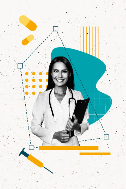 快乐的女医生手持处方夹、疫苗、COVID注射器和药丸的竖版照片拼贴，背景为涂鸦风格。图片下载