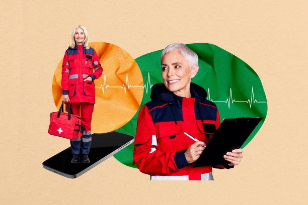 医生关怀疾病的趋势艺术合成照片拼贴设计，医院中一组老年女性团队站立，手持智能手机和夹板。图片下载