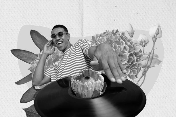 创意3D照片拼贴艺术图形，描绘一个无忧无虑的男孩在复古花朵播放器旁玩耍，背景为独立绘画。图片下载