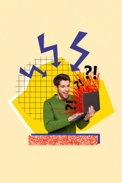 垂直照片拼贴，搞笑的惊讶男子手持MacBook设备，箭头向下，表现经济衰退、失败和损失，背景为涂鸦风格。图片下载