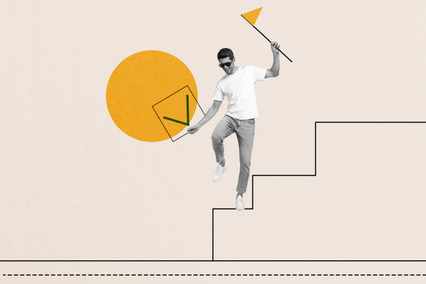 趋势艺术横幅草图 3D 照片拼贴 人力资源商业职业 企业家 办公室 年轻男子站在梯子上 接受旗帜 胜利图片下载