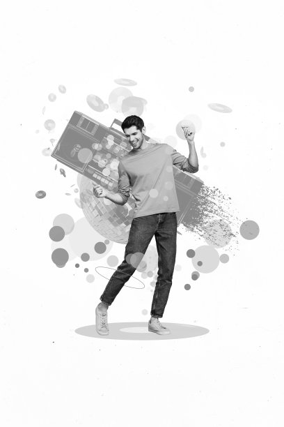 兴奋快乐的黑白色男孩在创意背景下跳舞，垂直拼贴图，手绘黑胶唱片和音响。图片下载