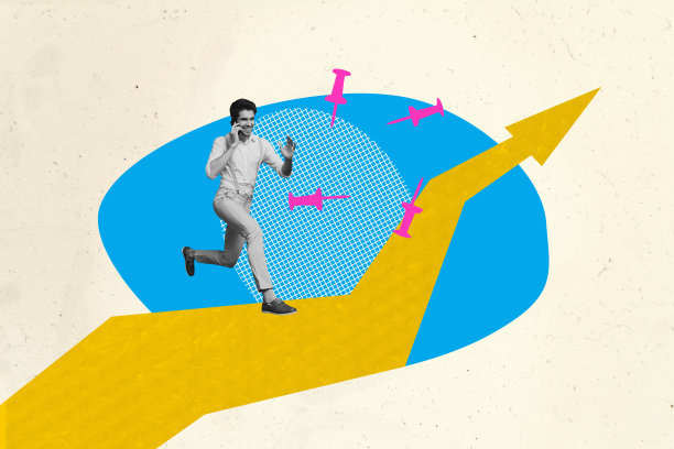 海报趋势草图模板 3D 照片拼贴，HR 工作人员、企业家招聘年轻男子，手持智能手机打电话，奔跑向箭头。图片下载