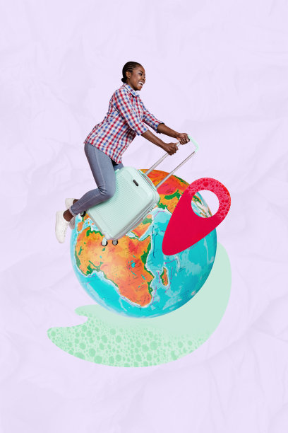 快乐的美国女孩在垂直照片拼贴中，手持行李箱，象征着到达星球，选择度假旅行，带有GPS图标，背景为涂鸦风格。图片下载