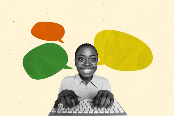 创意图片拼贴，微笑的疯狂女孩，办公室员工，打字在电脑键盘上，文本框交流，八卦。图片下载