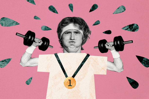 运动男士拼贴照片，努力举起重哑铃，获得第一名最佳奖牌，背景为涂鸦风格。图片下载
