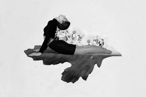 运动女孩在绘画背景下放松休息，享受爱好时光的创意拼贴照片图片下载