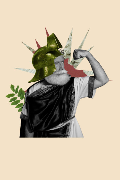 趋势图像：垂直照片拼贴，严肃的罗马参议员，老年男性，佩戴陡峭的保护头盔，展现强壮的二头肌，王国骑士风范。图片下载