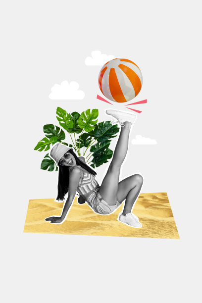 垂直照片拼贴，酷女孩在沙滩度假旅行中推球玩排球，背景为涂鸦风格的棕榈树海岸。图片下载