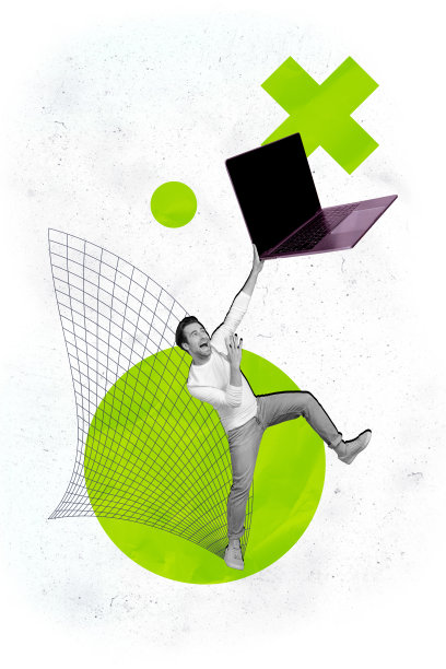 黑白剪影年轻男子手持笔记本电脑屏幕的合成趋势艺术素描照片拼贴，搞笑地单腿站立。图片下载