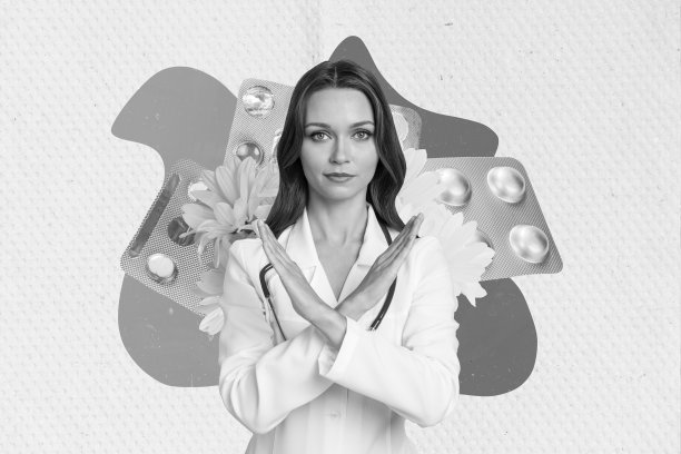 年轻有经验的医生在画背景前展示交叉双手的否定符号，表示在医疗建议之前不使用药物的拼贴照片。图片下载