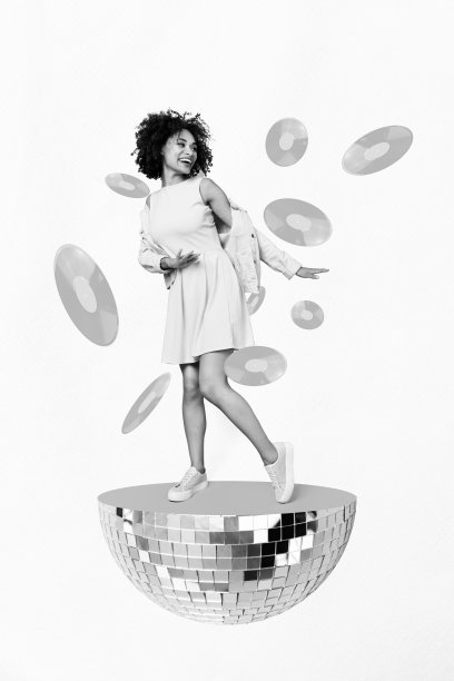 迷人的漂亮女士在绘画背景下跳舞，搭配迪斯科球的照片拼贴海报明信片艺术作品图片下载
