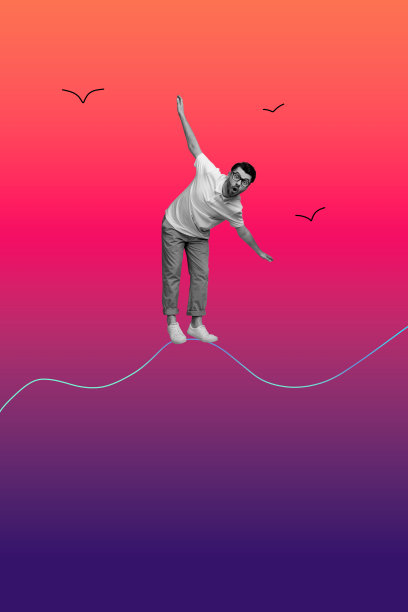 趋势艺术作品复合横幅照片拼贴，渐变背景下年轻男学生困惑的面孔，站在绳索上平衡，高空中鸟儿飞翔。图片下载