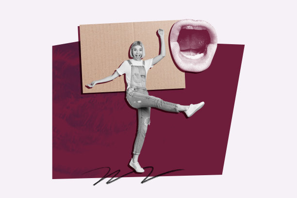 趋势艺术复合横幅 3D 照片拼贴，年轻女士微笑快乐地走，嘴巴大声尖叫，八卦意见交谈，留白空间图片下载