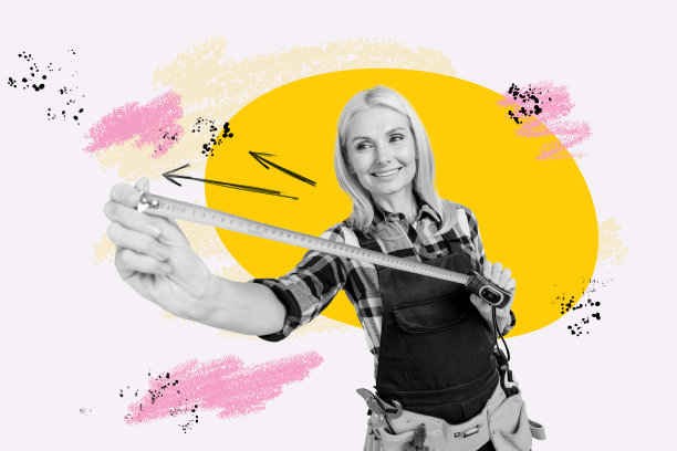 女性微笑着手持测量尺的复合3D照片拼贴设计趋势草图，穿着工人制服的维修工程师和手工工具。图片下载