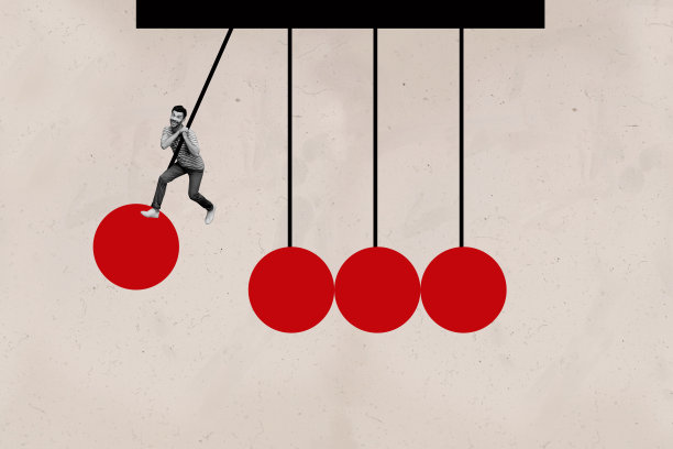 趋势艺术合成素描图像 3D 照片拼贴，黑白年轻男子悬挂在牛顿摆球上，手部动作移动图片下载