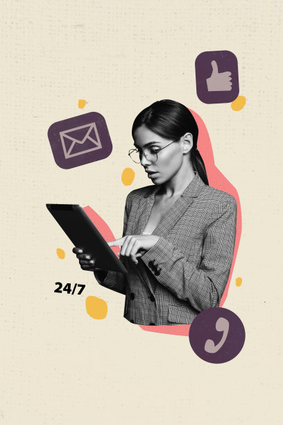 年轻女商人在垂直照片拼贴中，提供客户支持，回复邮件，竖起大拇指，背景为博客和电信图案。图片下载